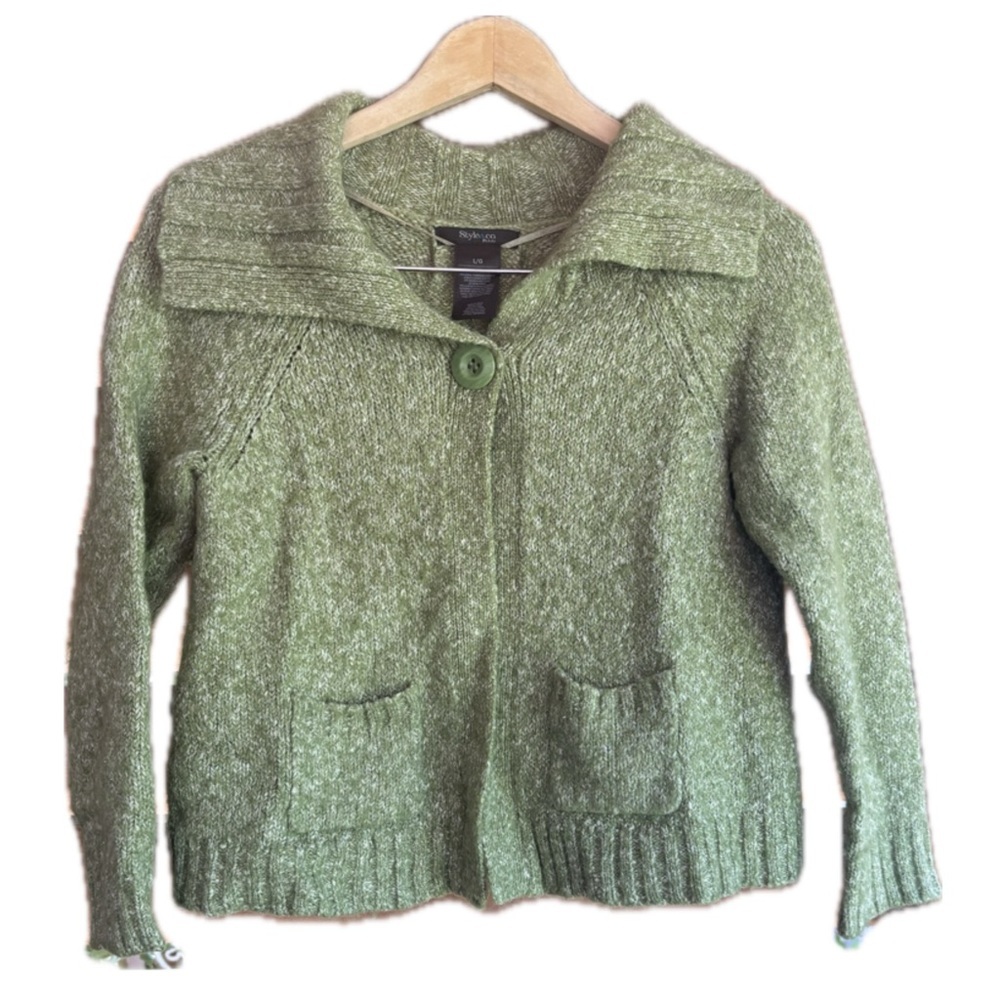 Style & Co Petite Green/Silver Sweater Wool Blend Pockets Festive Holiday Winter